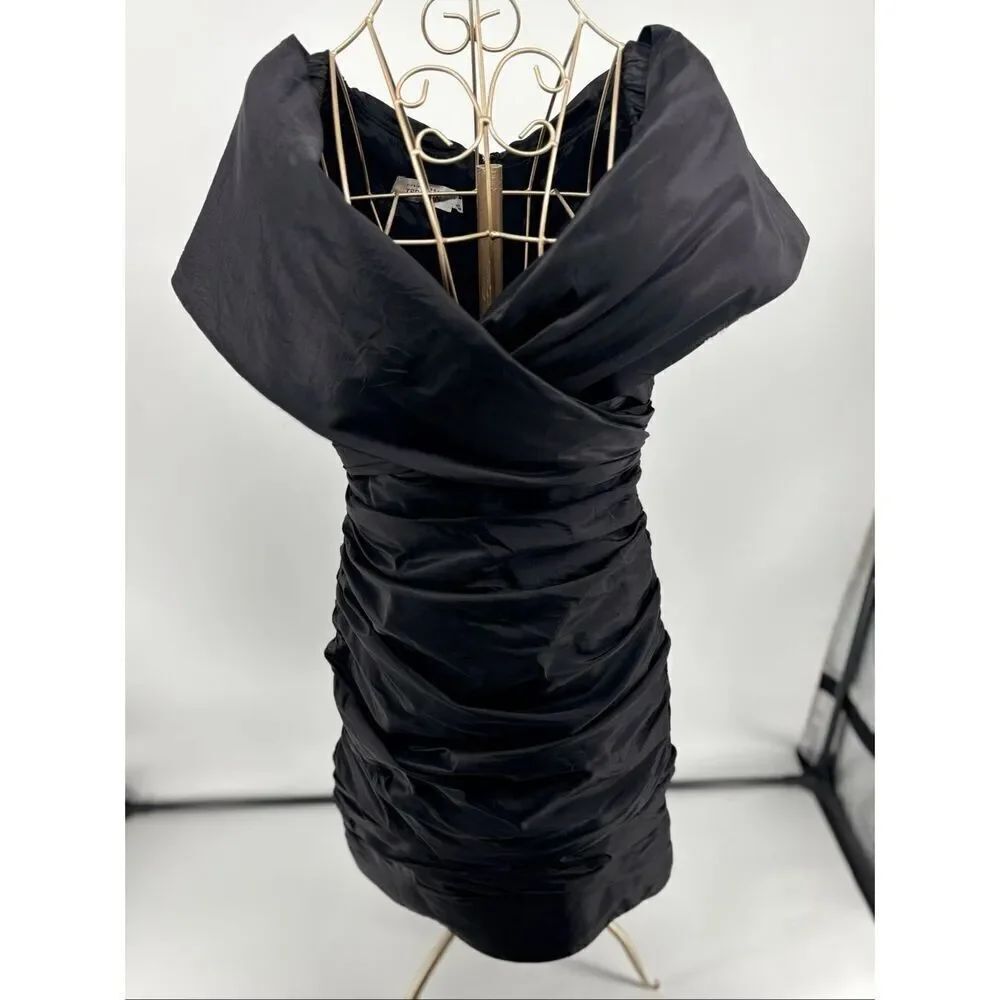Vintage Teri Jon Rickie Freeman Black Crinkle Taffeta Ruched Dress Sz 8 Cocktail